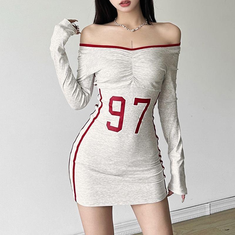 Long-Sleeve Off-Shoulder Number Print Striped Mini Sheath Dress Product Image