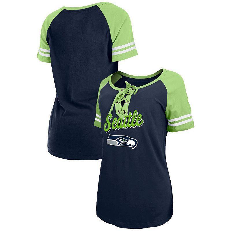 Womens New Era College Navy Seattle Seahawks Logo Lace-Up Raglan T-shirt - Navy Product Image