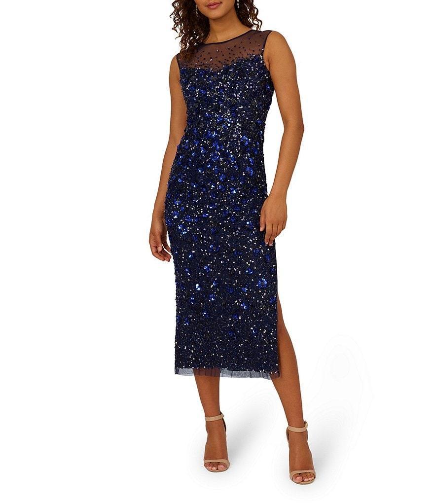 Adrianna Papell Sequin Mesh Illusion Crew Neck Sleeveless Side Slit Midi Dress Product Image