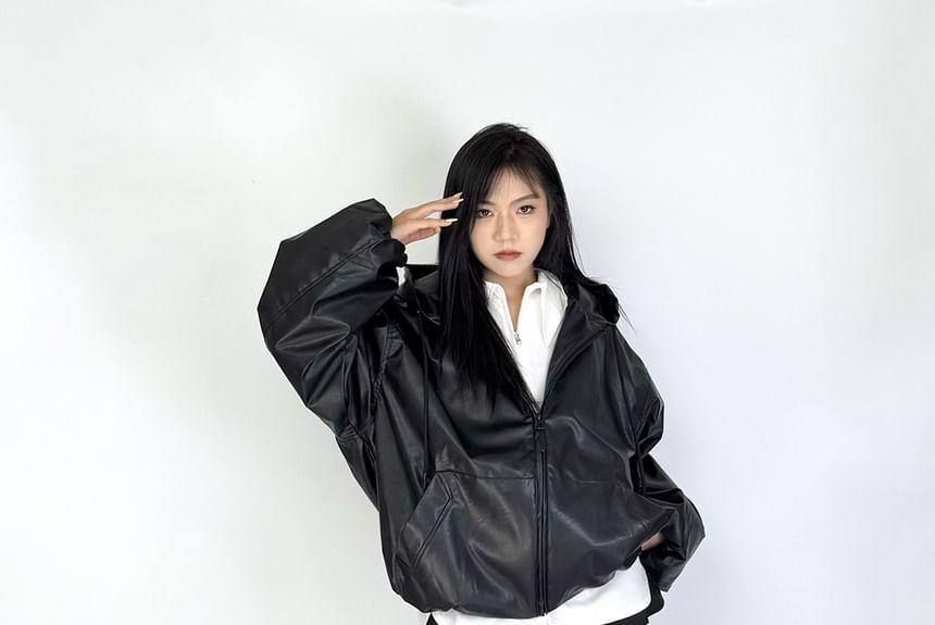 Plain Hood Faux Leather Zip Jacket Product Image