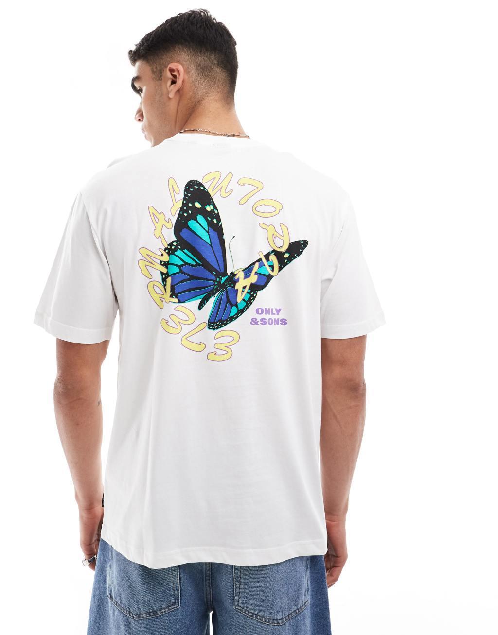 ONLY & SONS relaxed fit T-shirt with butterfly back print in white Product Image