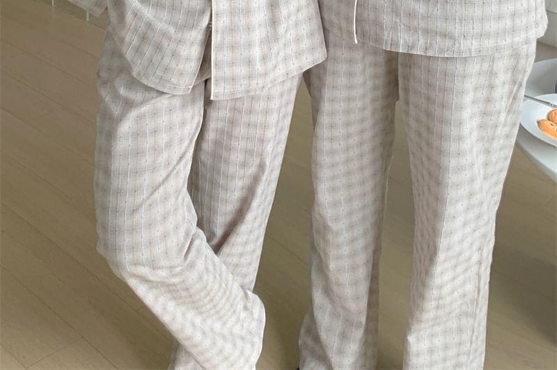 Couple Matching Pajama Set: Long Sleeve Collared Plaid Shirt + Straight Leg Pants (Various Designs) Product Image