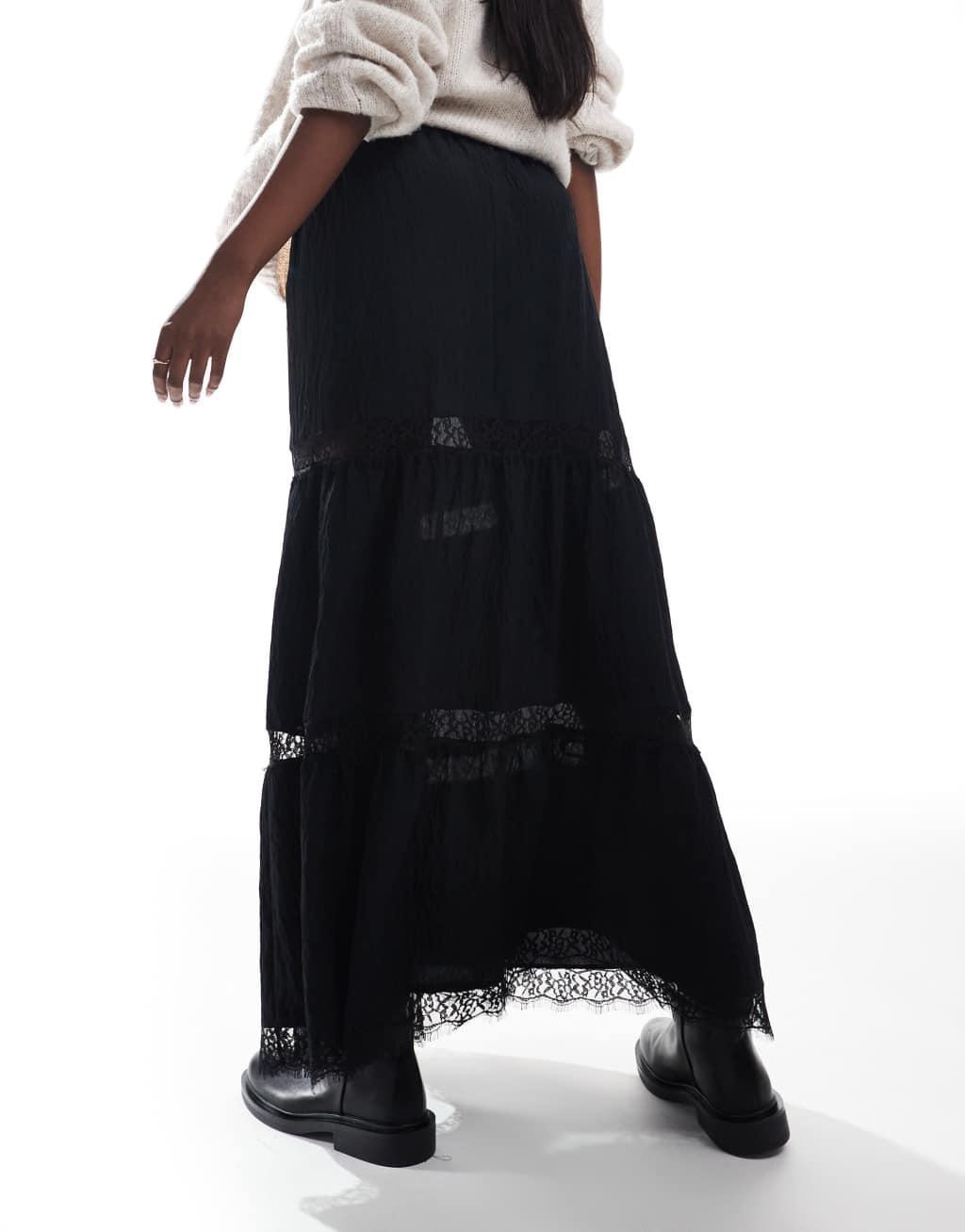 ASOS DESIGN tiered lace insert maxi skirt in black Product Image