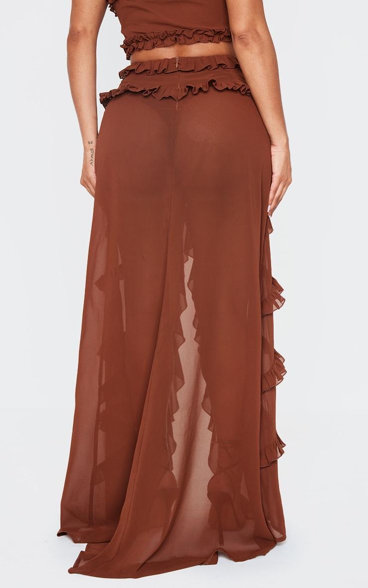 Shape Chocolate Low Rise Frill Detail Front Split Maxi Skirt Product Image