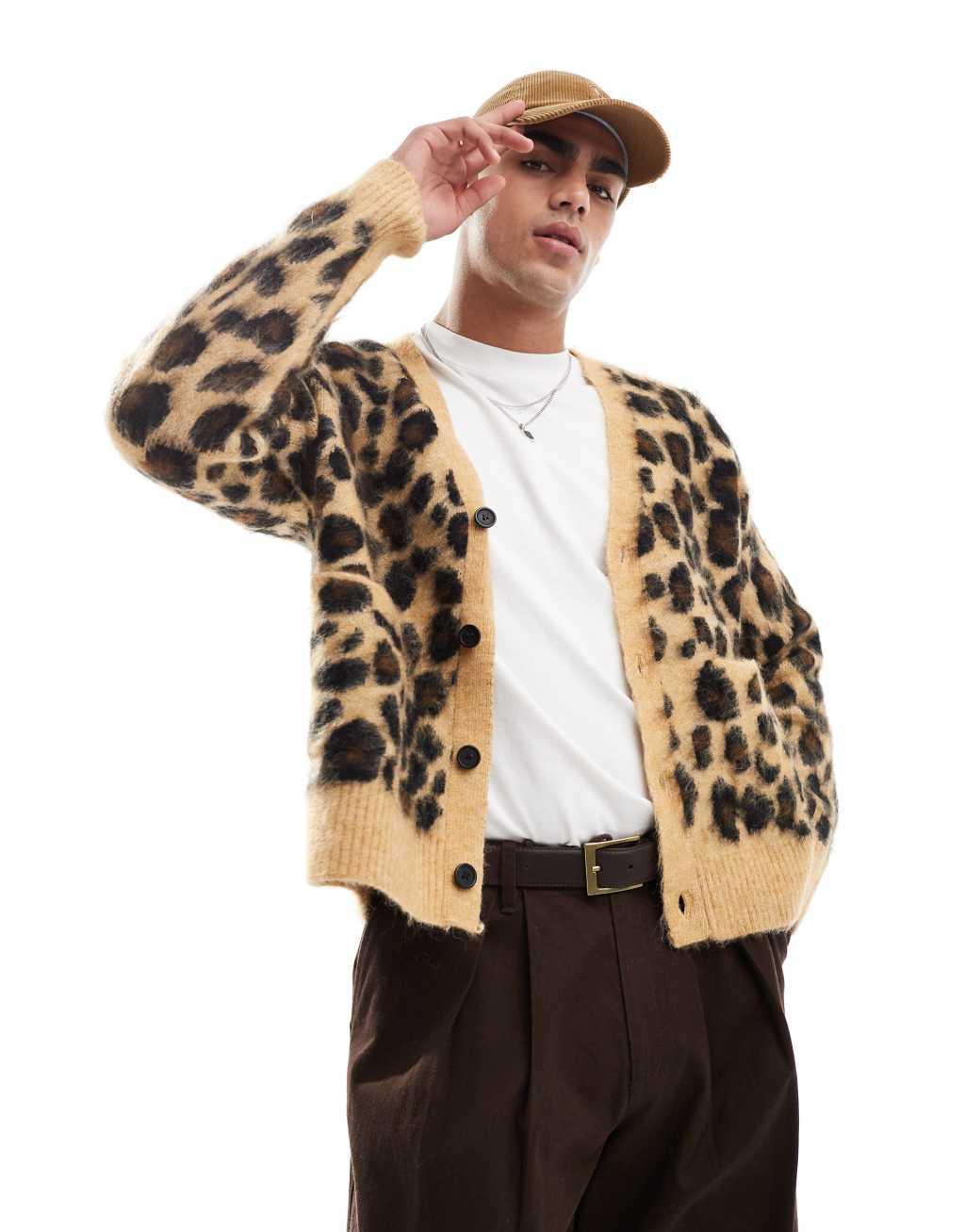 Bershka leopard knit cardigan in beige  Product Image