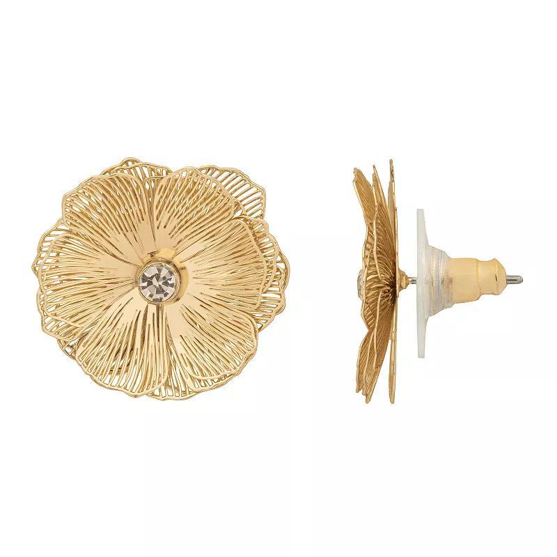 Emberly Gold Tone Layered Metal Detail Floral Stud Earrings, Womens, Clear Product Image