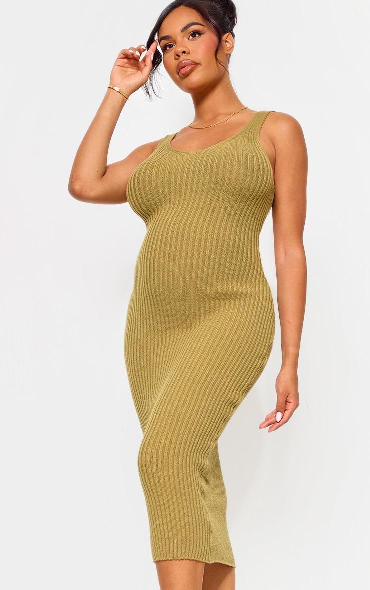 Maternity Khaki Knitted V Neck Midi Dress Product Image