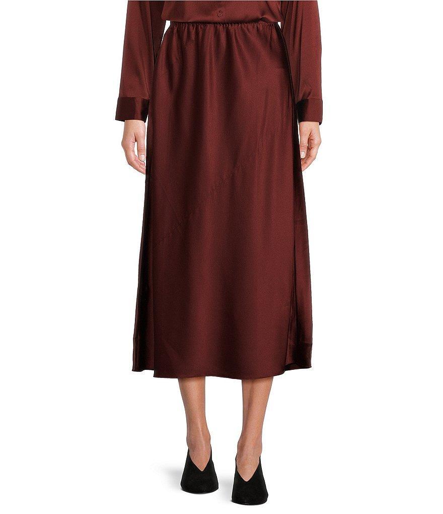 Eileen Fisher Petite Size Bias Stretch Silk Charmeuse A-Line Pull-On Midi Skirt product image