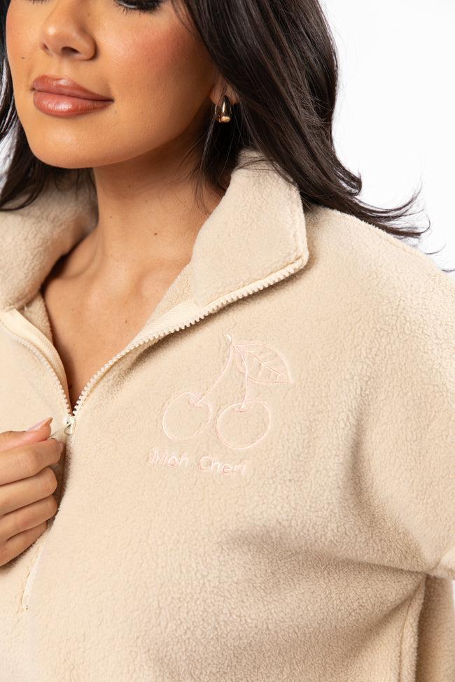 After Hours Mon Cheri Beige Embroidered Fleece Pullover Product Image