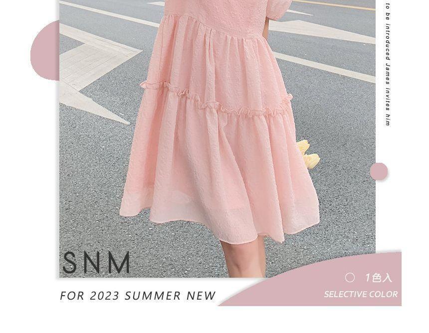 Short-Sleeve Round Neck Plain Frill Panel Mini A-Line Dress Product Image