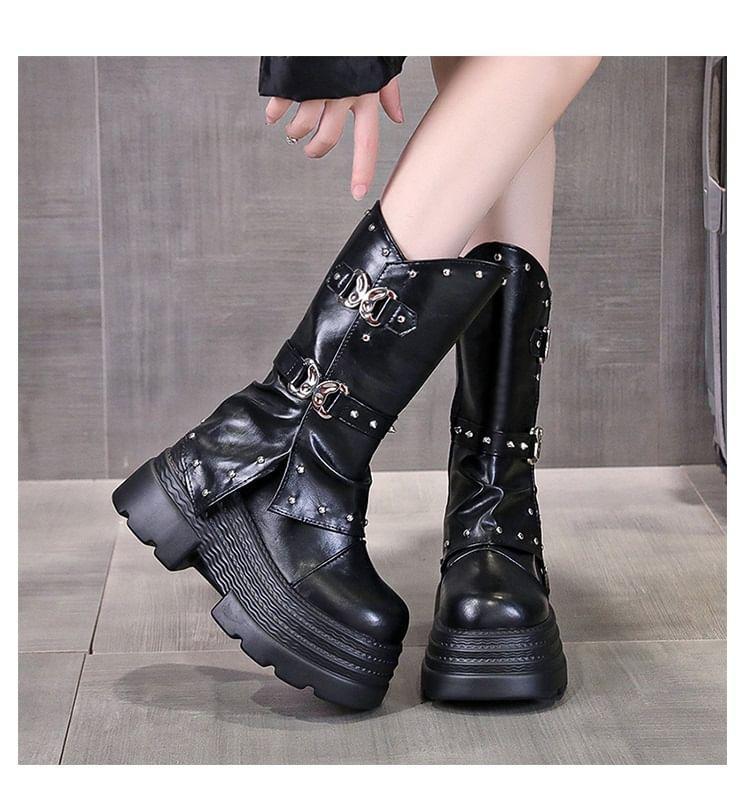 Platform Buckle Mid Calf Boots Product Image