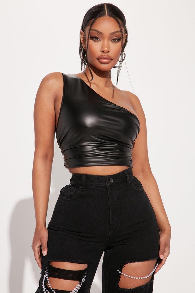 Jordan One Shoulder Faux Leather Top - Black Product Image