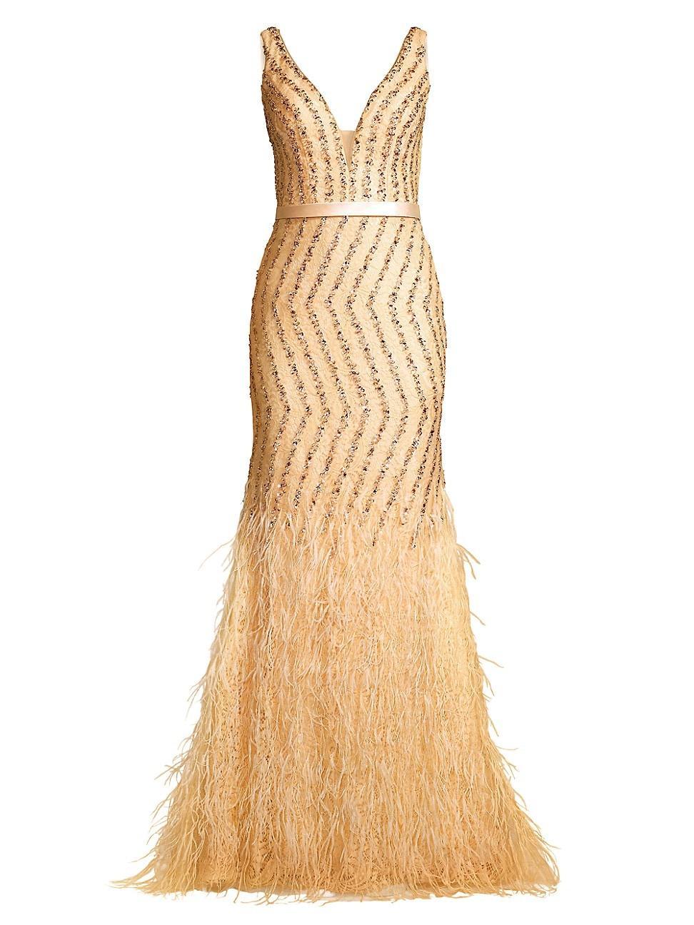 Womens Feather Embellished Plunge V-Neck Gown Product Image