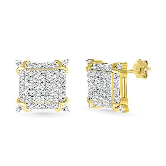 Men's 1 CT. T.w. Square-Shaped Multi-Diamond Frame Ornate Four-Corner Accent Stud Earrings in 10K Gold Product Image