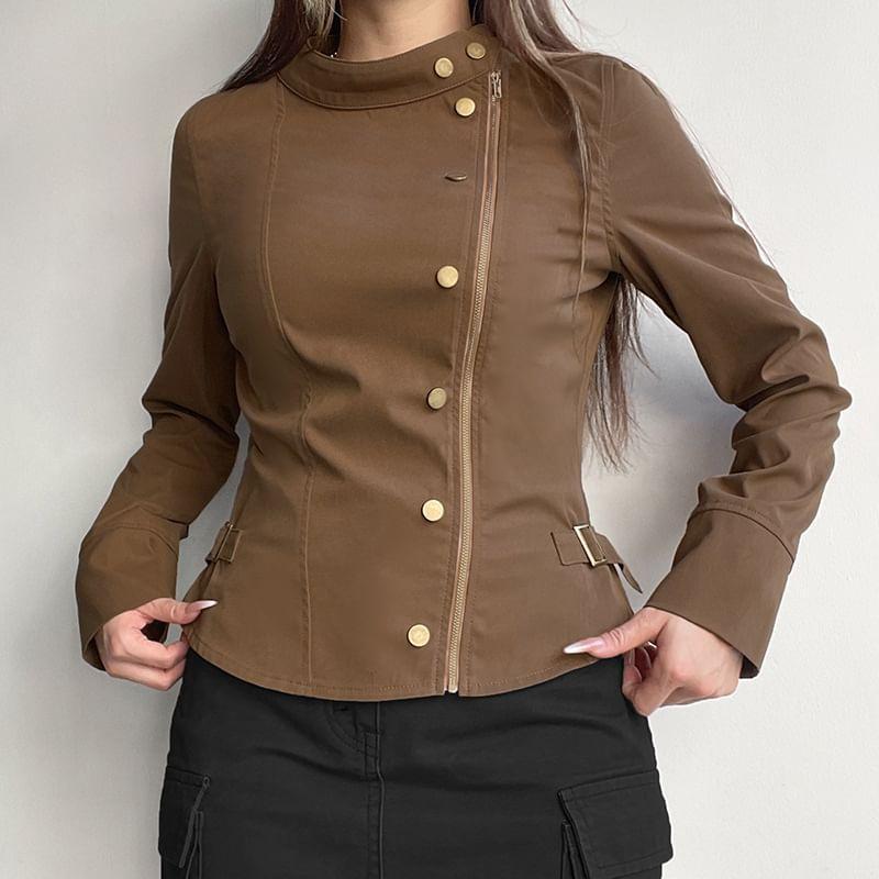 Long Sleeve Stand Collar Plain Zip-Up Cargo Jacket Product Image