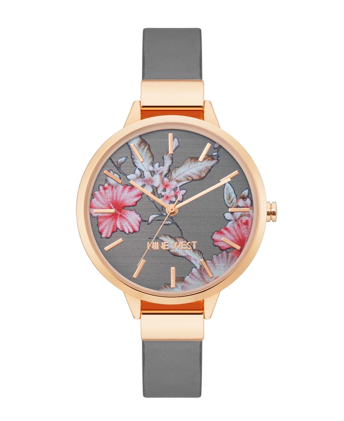 Nine West Womens Quartz Gray Faux Leather Band and Floral Pattern Watch, 38mm - Gray Product Image