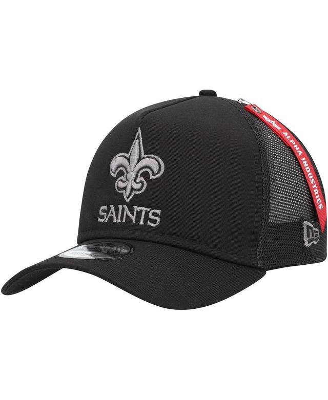 Mens New Era x Alpha Industries Black New Orleans Saints A-Frame 9FORTY Trucker Snapback Hat Product Image