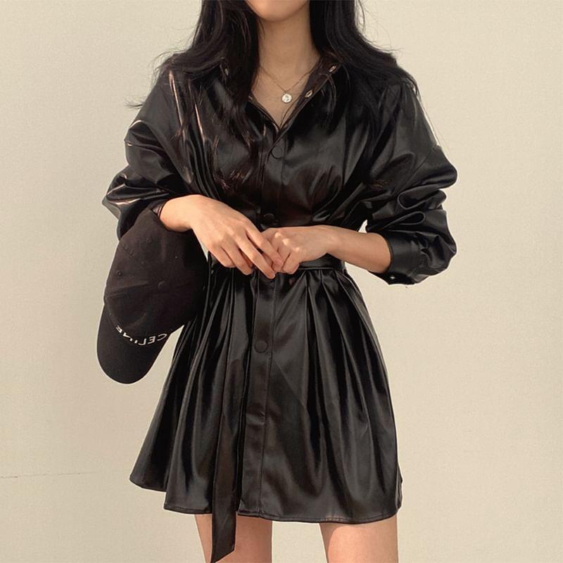 Faux Leather Button-Up Long Flowy Coat product image