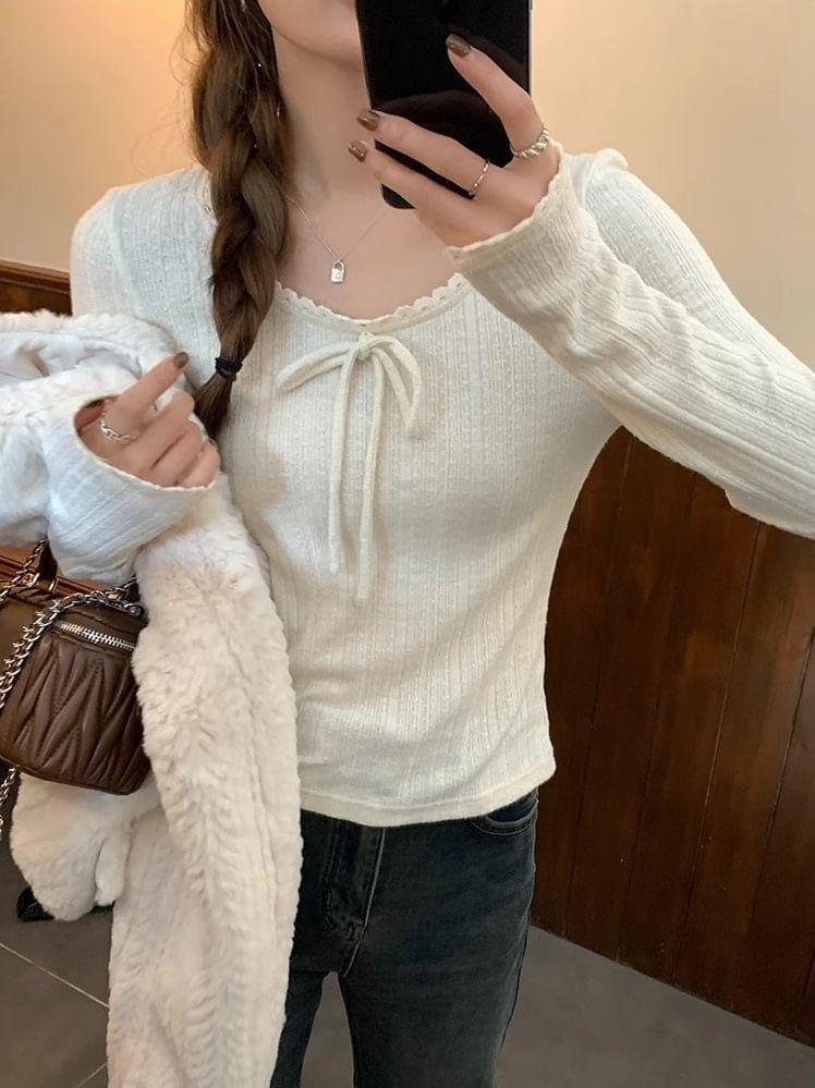 Long Sleeve Lace-Trim Bow Accent Plain Slim-Fit Knit Top Product Image