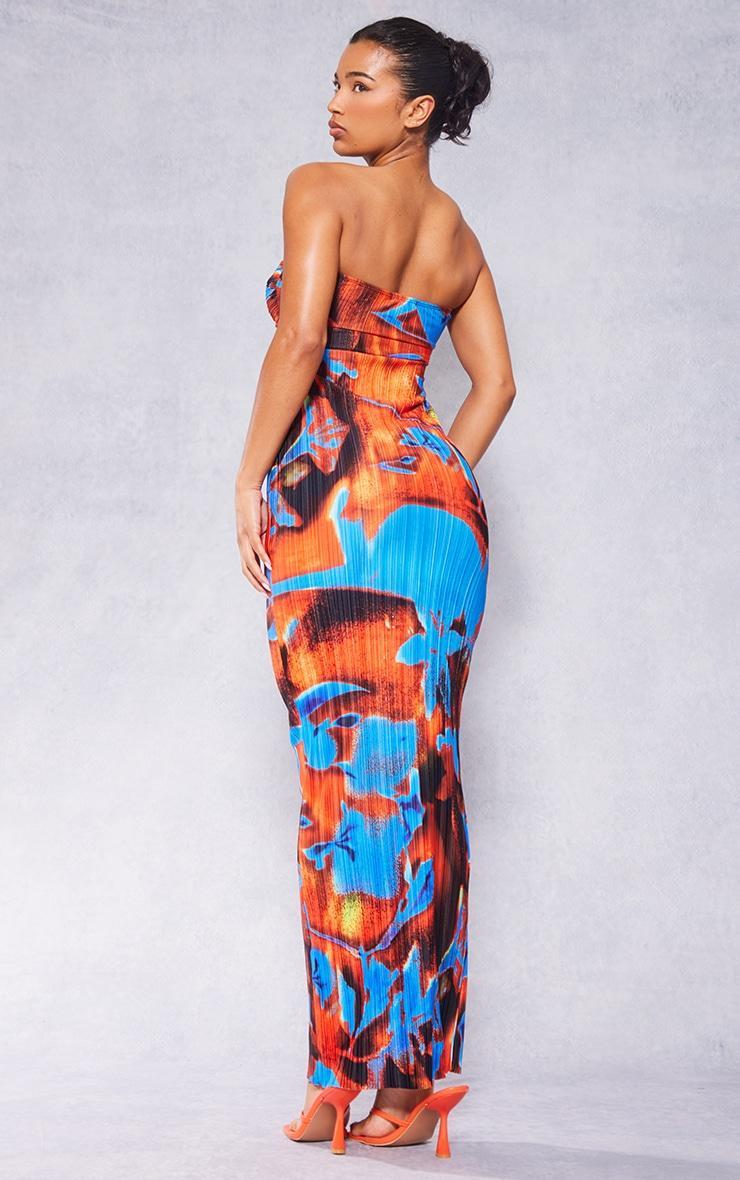 Blue Abstract Print Plisse Knot Bandeau Maxi Dress Product Image