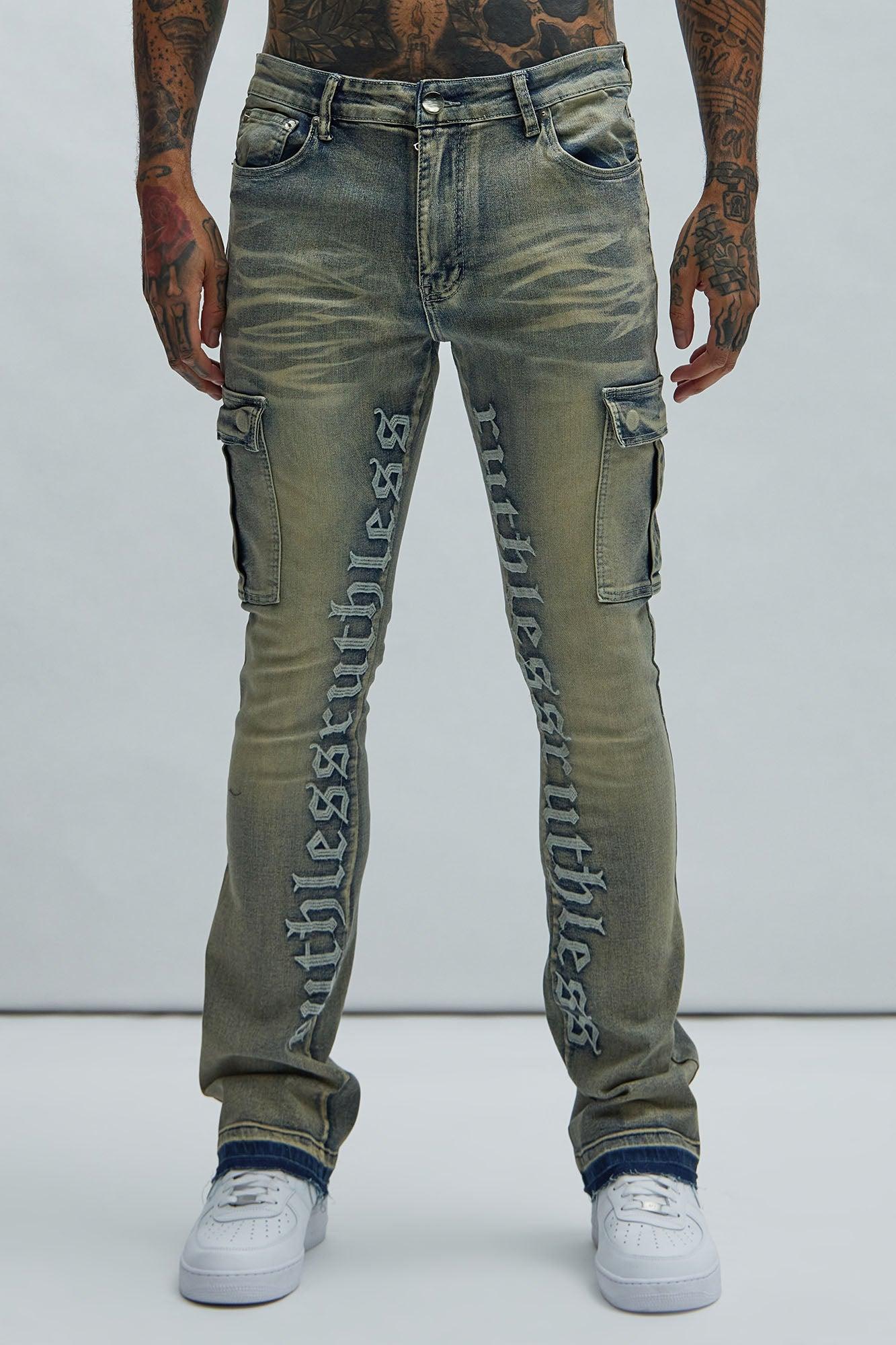 Ruthless Embroidered Stacked Skinny Cargo Flare Jeans - Medium Wash Product Image