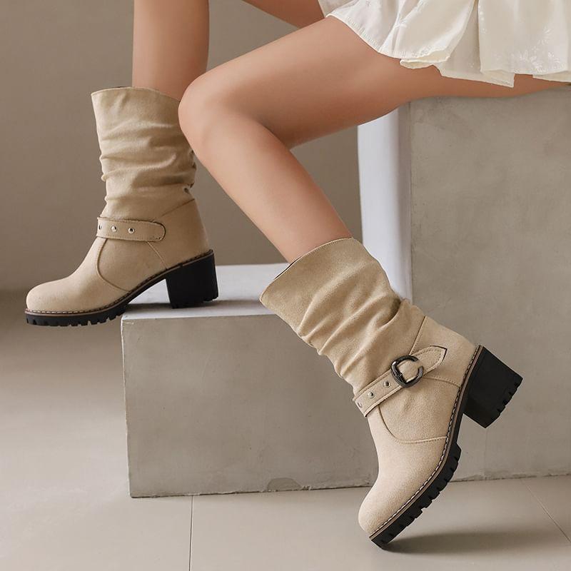 Block Heel Buckled Mid-Calf Boots product image