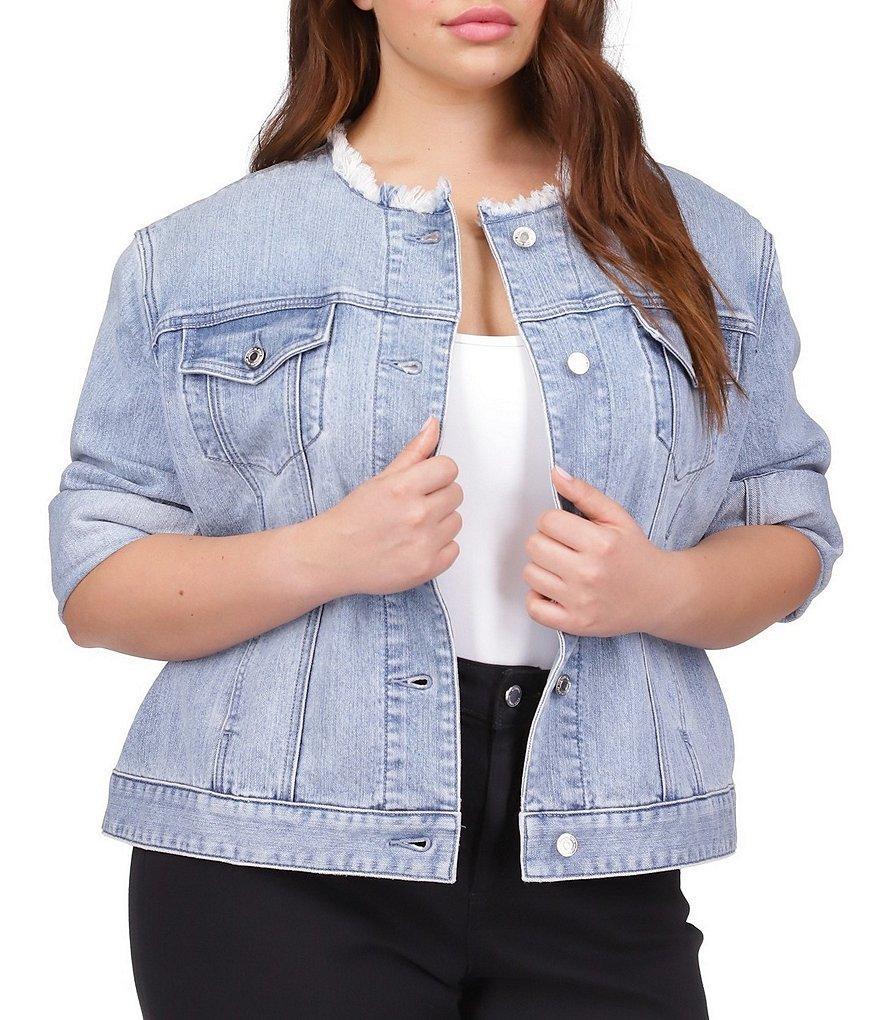 Michael Kors Plus Size Denim Frayed Crew Neck Long Sleeve Button Front Jacket product image