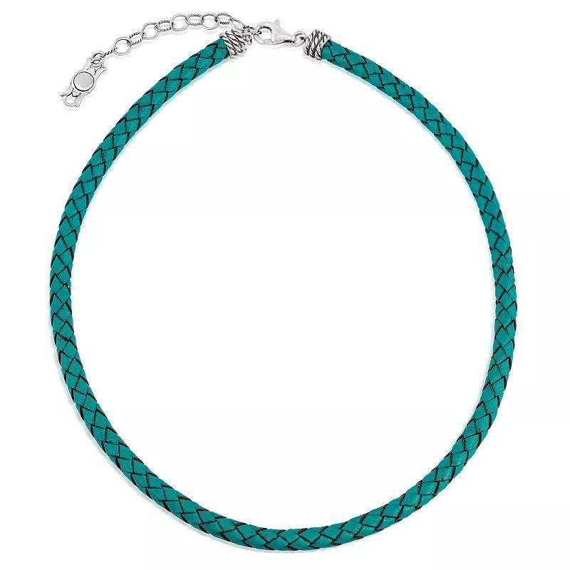 Southwest Spirit Sterling Silver and Braided White Leather Necklace, Womens Blue Product Image