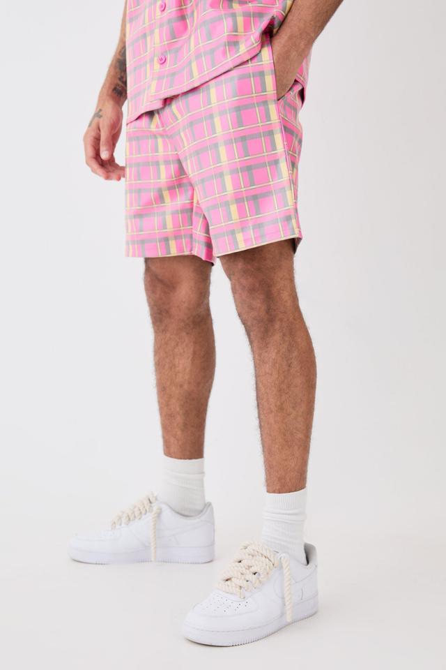 Elastic Waist Check Pu Relaxed Short | boohooMAN USA Product Image