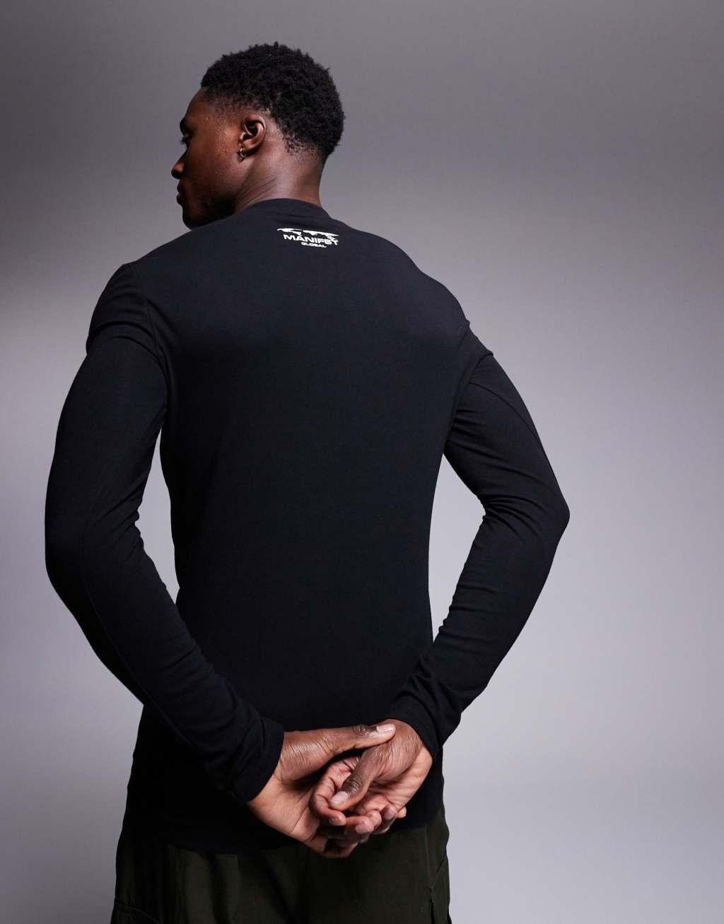 ASOS DESIGN muscle fit long sleeve t-shirt with back neck graphic in black Product Image