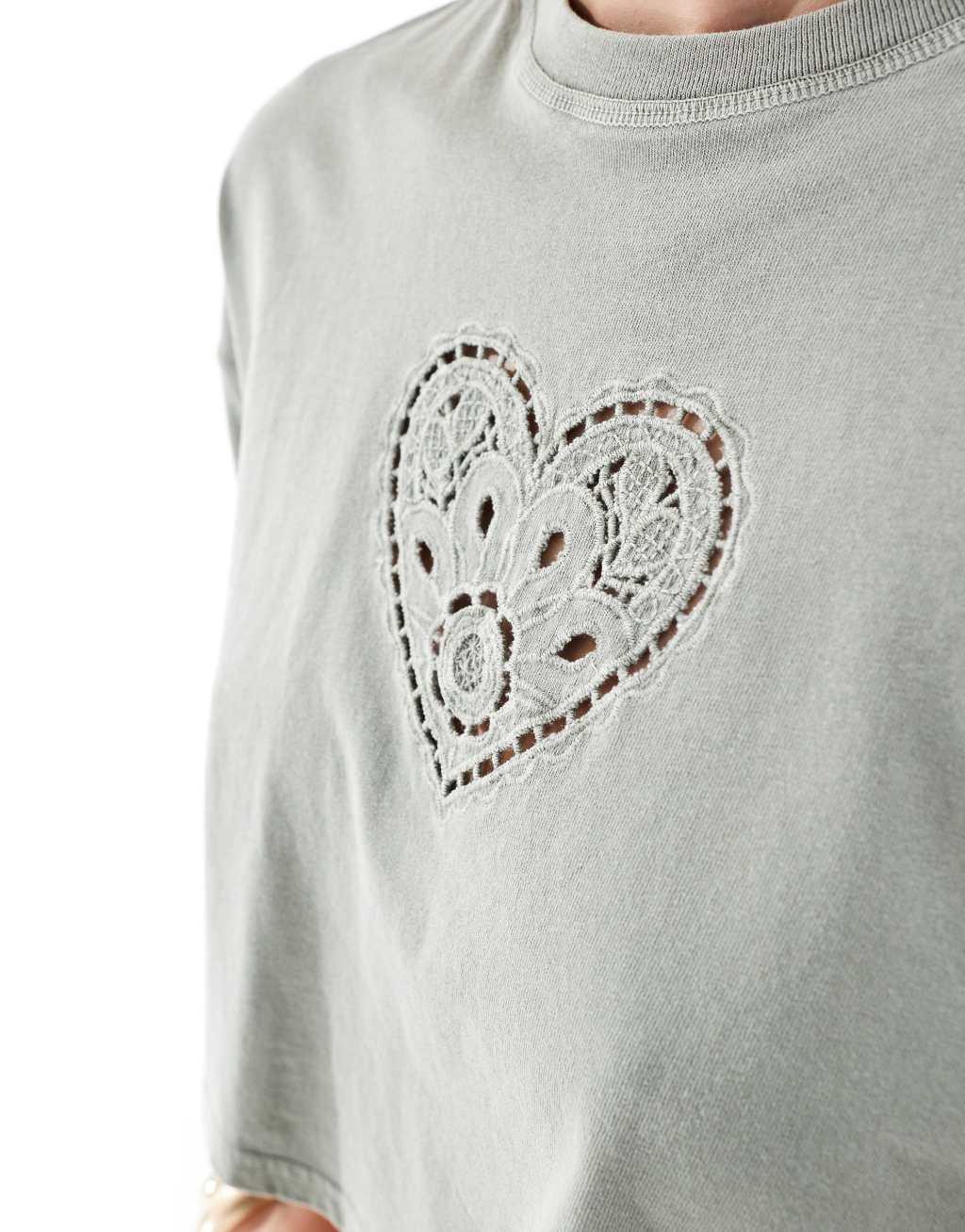 Miss Selfridge short sleeve cropped T-shirt with heart broderie detail in washed sage Product Image