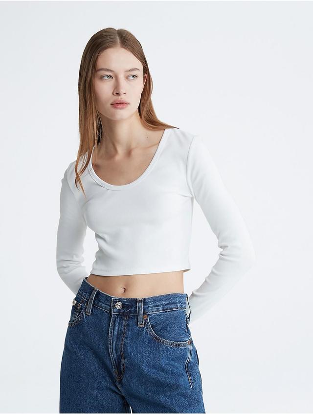 Calvin Klein Womens Cotton Contour Rib Cropped Long Sleeve T-Shirt - White - XS Product Image