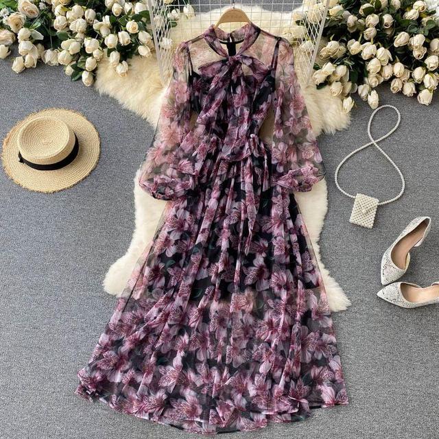 Puff-Sleeve Floral Print Midi A-Line Dress Product Image