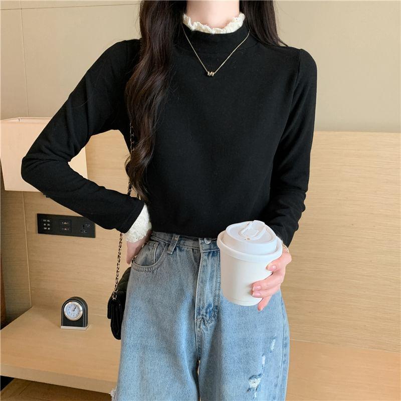 Long Sleeve Mock Neck Plain Lace Trim T-Shirt product image