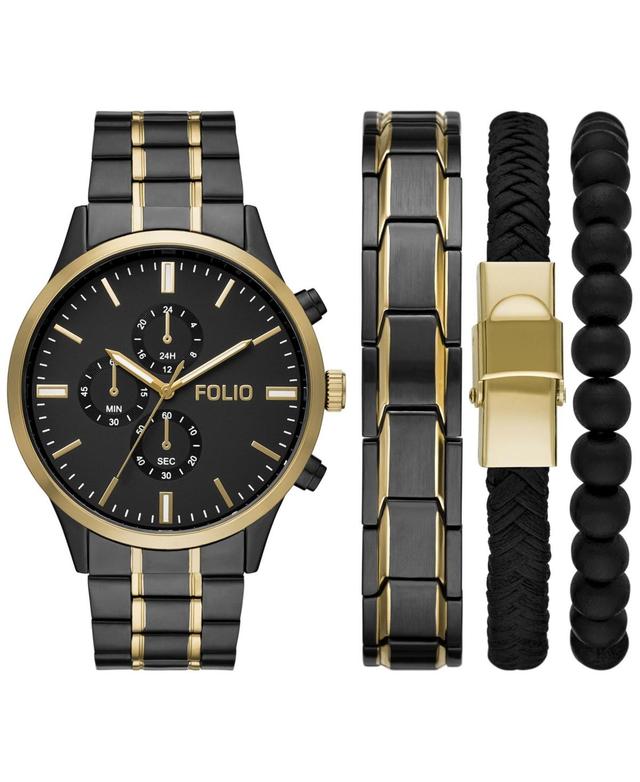 Folio Mens Three Hand Gunmetal Alloy Watch 46mm Gift Set - Black Product Image