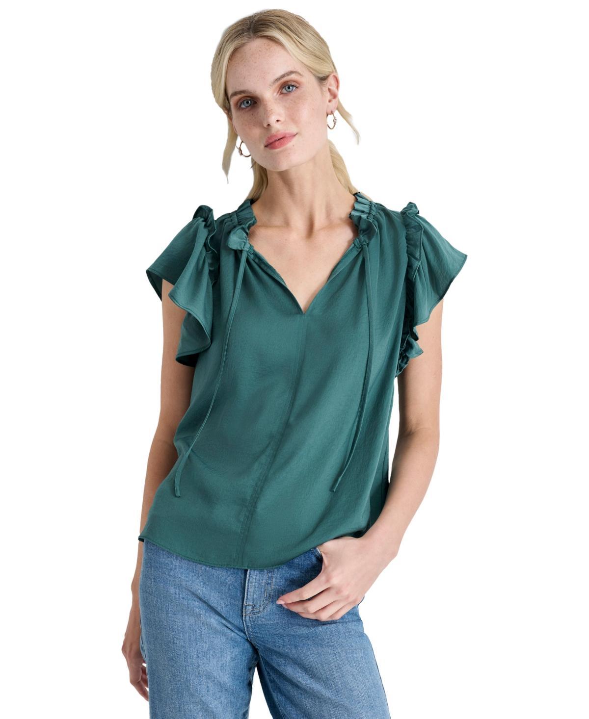 Dkny Jeans Womens Ruffle-Trim Split-Neck Top Product Image