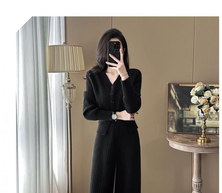 Set: V-Neck Plain Button-Up Slit Cardigan + High Rise Knit Wide Leg Pants Product Image