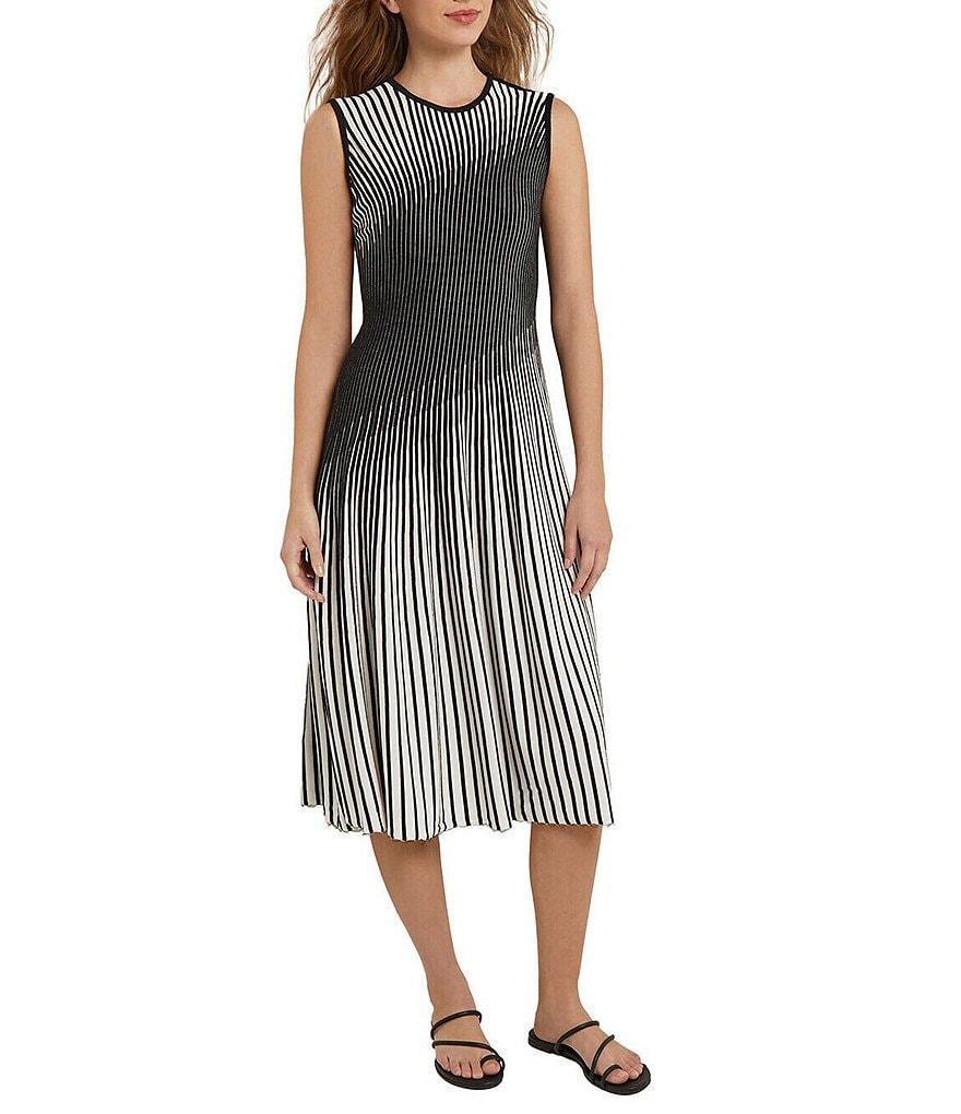 MISOOK Intarsia Knit Ombre Striped Abstract Print Sleeveless Contrasting Trim A-Line Midi Dress Product Image