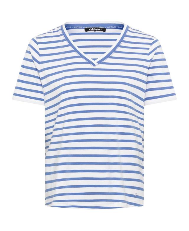 Olsen Womens Cotton Blend Short Sleeve Striped V-Neck T-Shirt Product Image