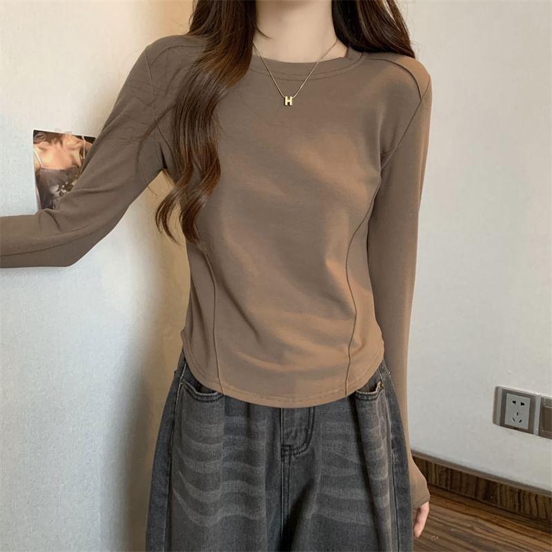 Long-Sleeve Crew Neck Plain Slim Fit Crop T-Shirt Product Image