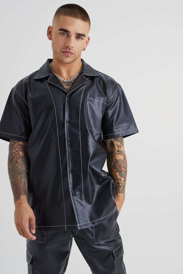 Short Sleeve Oversized Contrast Stitch Pu Shirt | boohooMAN USA Product Image