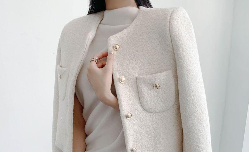 Long Sleeve Round Neck Tweed Cropped Jacket Product Image