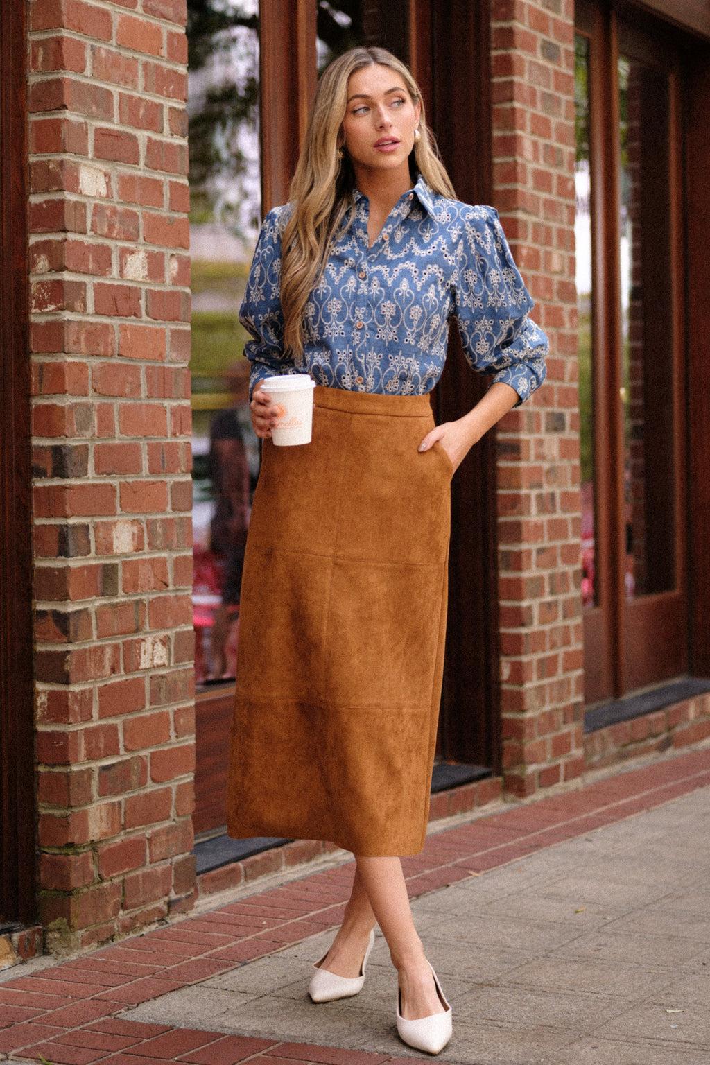 I'm Telling You Caramel Brown Faux Suede Midi Skirt Product Image