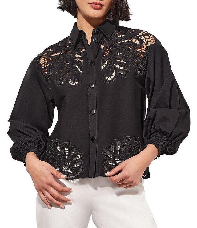 Ming Wang Western Stretch Cotton Floral Lace Cut-Out Point Collar Long Bishop Sleeve Blouse Product Image