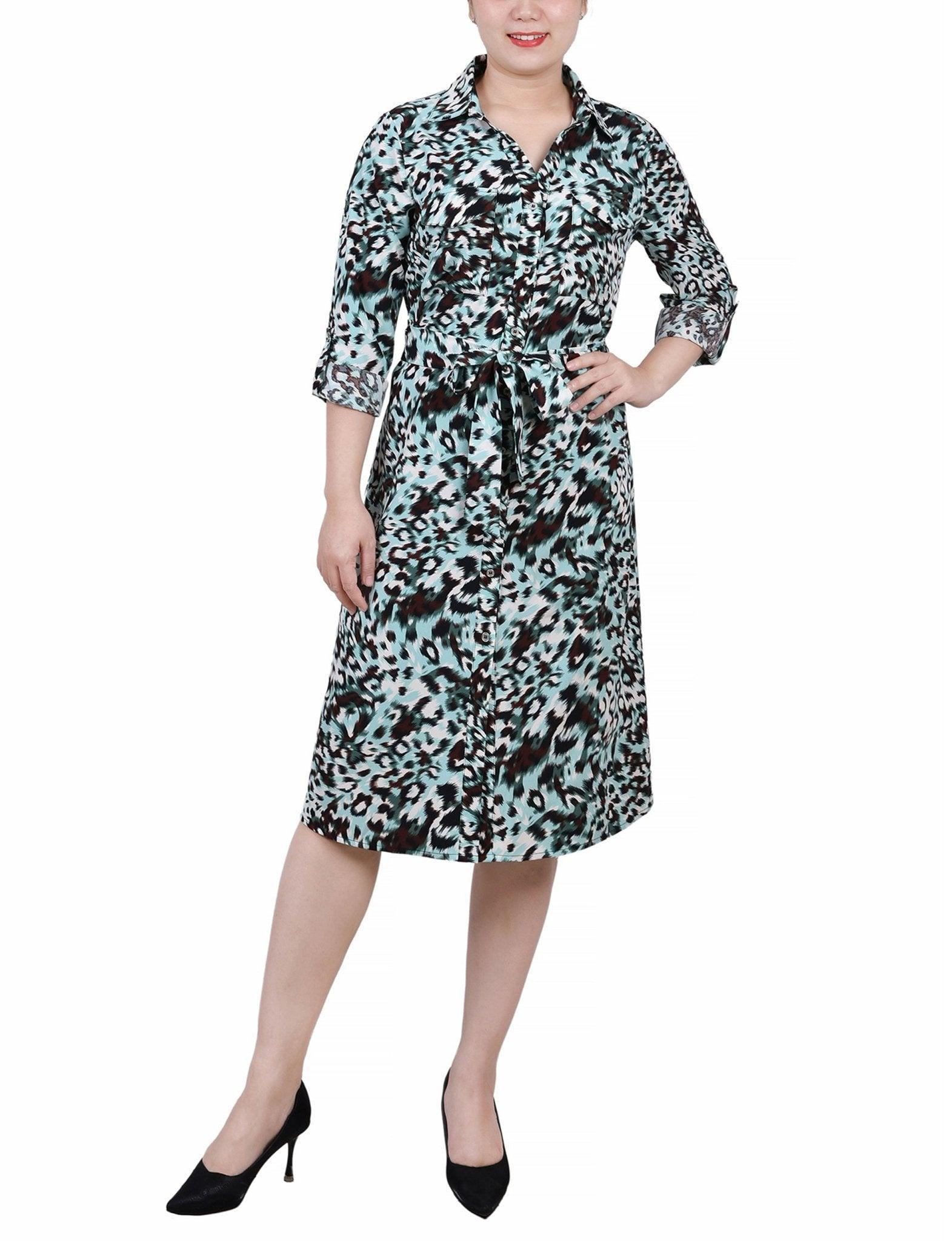 3/4 Roll Tab Sleeve Belted Shirtdress - Petite Product Image