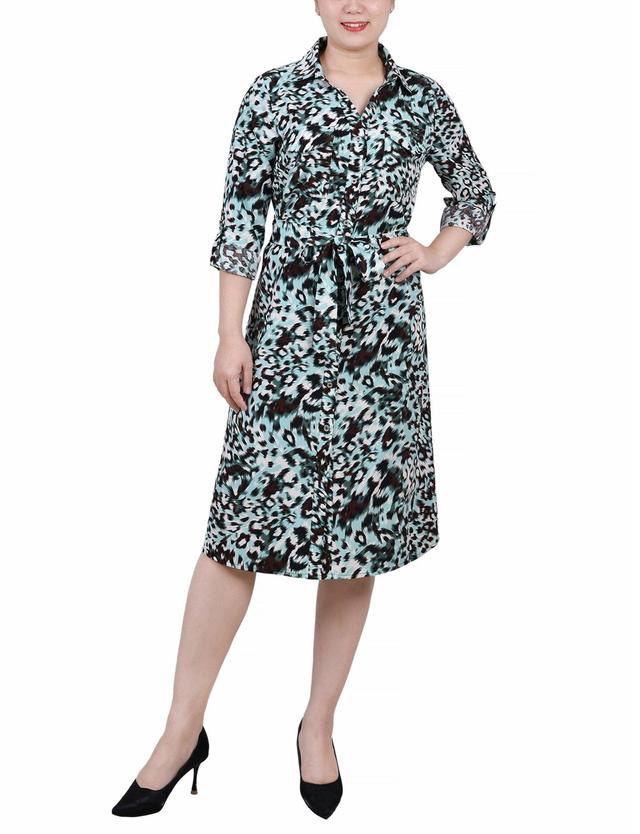 3/4 Length Roll Tab Sleeve Belted Shirtdress - Petite Product Image