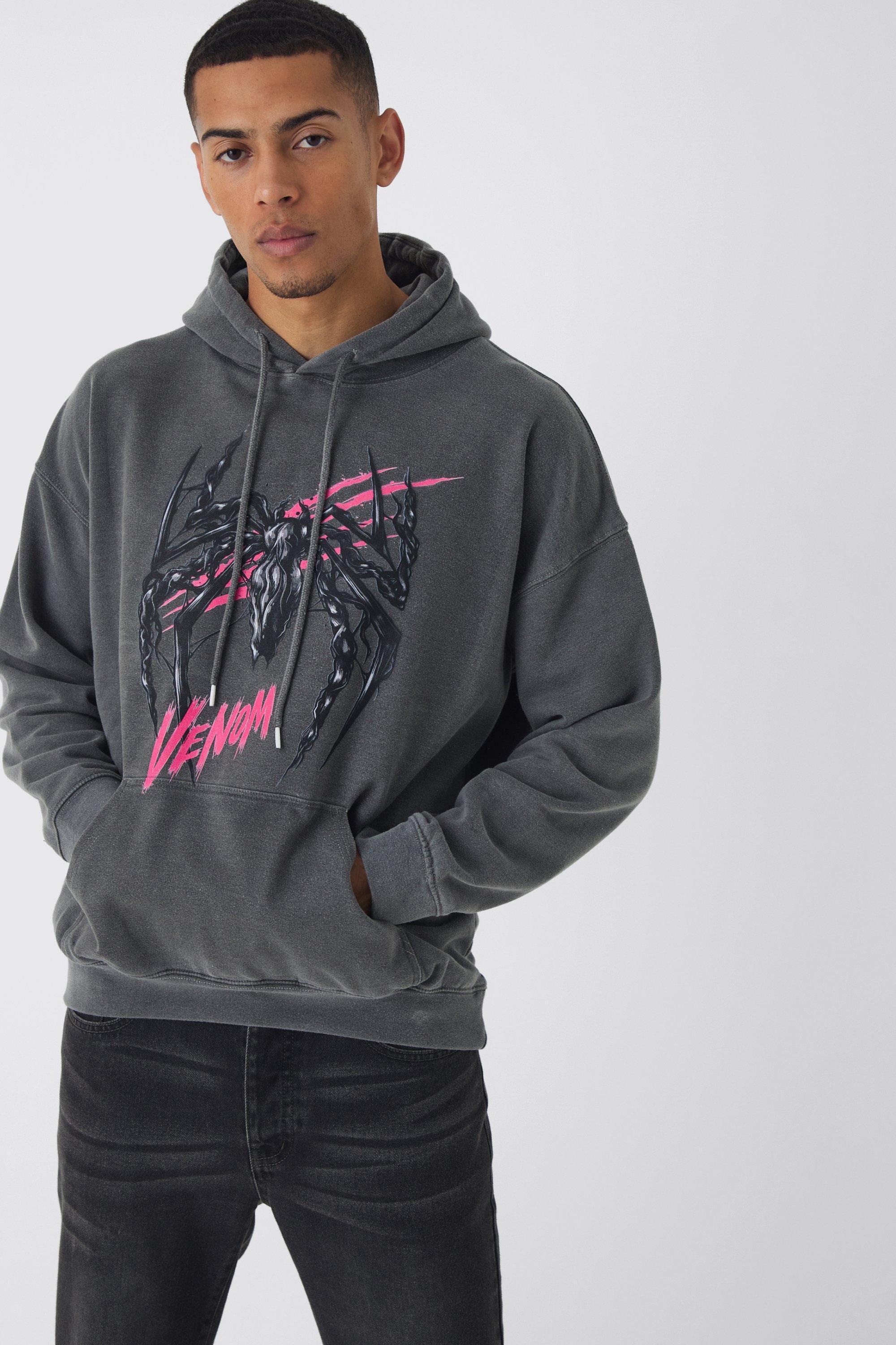 Mens Grey Oversized Marvel Venom Wash License Hoodie, Grey Product Image