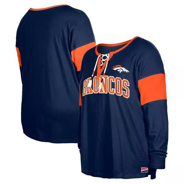 Womens New Era Denver Broncos Plus Size Lace-Up Notch Neck Long Sleeve T-Shirt Blue Product Image