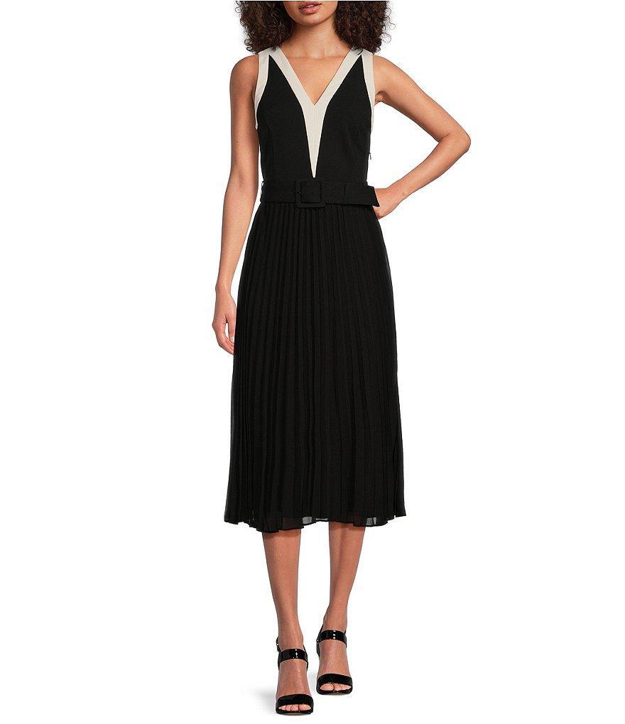 KARL LAGERFELD PARIS Scuba Crepe Color Block V-Neckline Sleeveless Pleated Chiffon Midi Dress Product Image