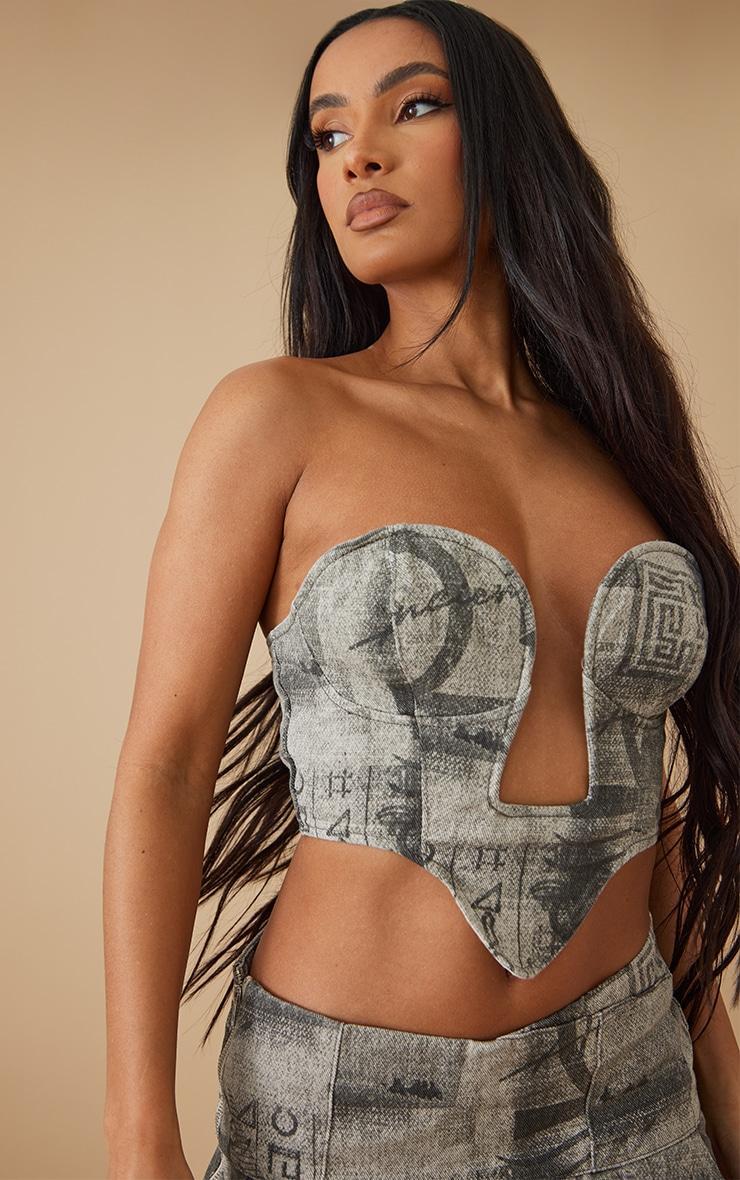 Grey Printed Structured Dipped Corset Denim Top product image